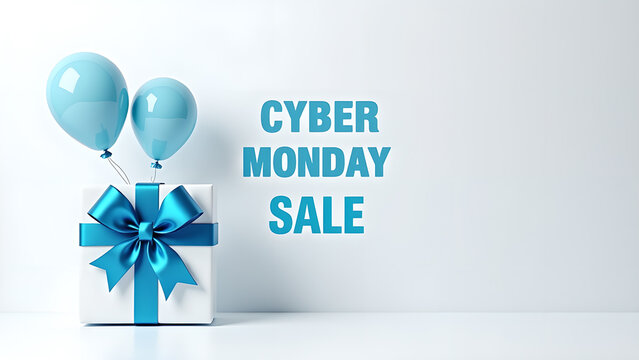 Cyber Monday Sale banner with gift box and balloons. Concept of online shopping and promotion.