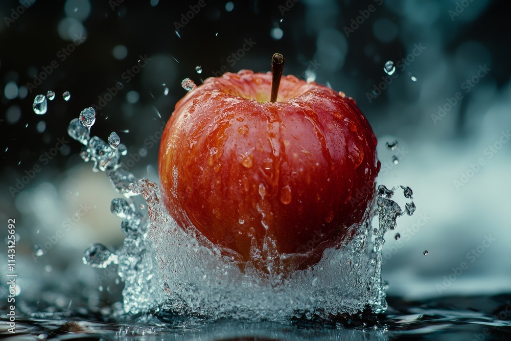Poster Red apple splashing into water, creating dynamic droplets and ripples.