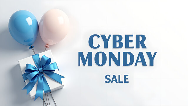Cyber Monday Sale Banner with Gift and Balloons. Concept of online shopping and discount.