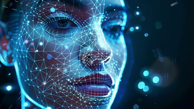 Futuristic technology creating a digital human face with artificial intelligence, forming a network of connections and data analysis for innovation and technological advancement