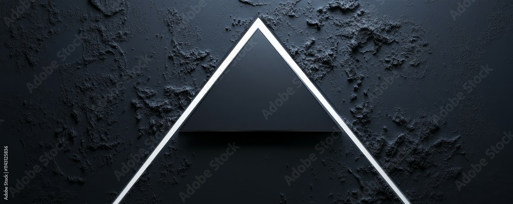 Poster minimalist tech background with raised triangle and white illuminated trim. black surface with embos