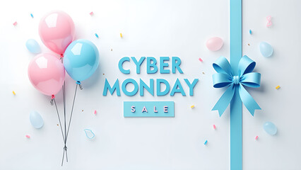 Cyber Monday Sale Banner with Balloons and Ribbon. Concept of Online Shopping and E commerce.