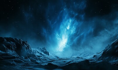 Blue Aurora Borealis over Rugged Landscape. Majestic Northern Lights Background with copy-space.