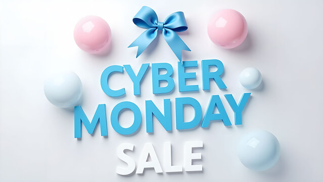 Cyber Monday Sale Text with Blue Ribbon and Pink Ornaments. Concept of Online Shopping and E commerce.
