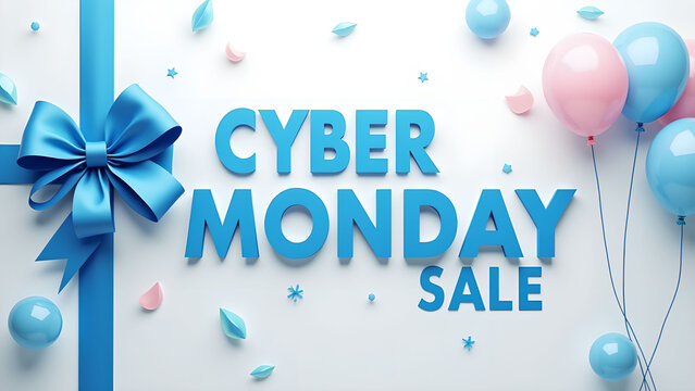 Cyber Monday Sale Banner with Blue Ribbon and Balloons. Concept of Online Shopping and Discount.