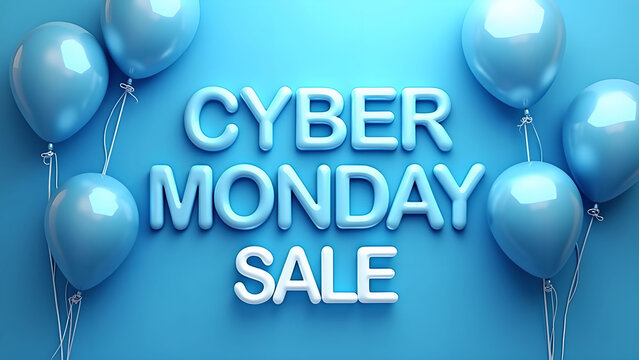 Cyber Monday Sale Text with Balloons. Concept of Online Shopping and Promotion.