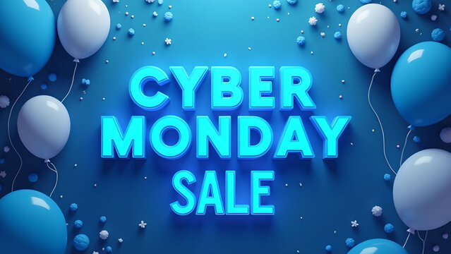 Cyber Monday Sale Banner with Balloons and Confetti. Concept of Online Shopping and Discount.