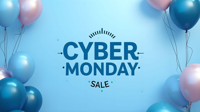 Cyber Monday Sale Advertisement with Balloons. Concept of online shopping, discount, and promotion.