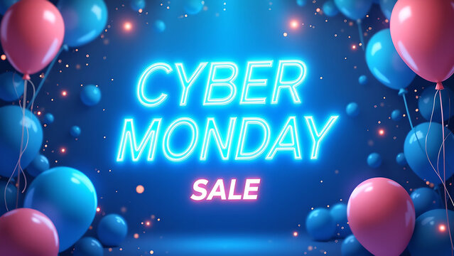 Cyber Monday Sale Neon Sign with Balloons. Concept of Online Shopping and Discount.