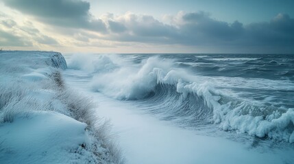 Fototapeta premium Winter ocean waves crash against an icy coastline under a cloudy sky at dusk