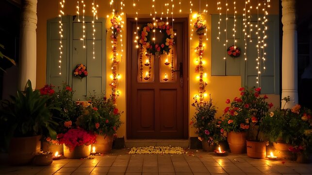 Beautifully decorated front door for Diwali with diyas, string lights, and flower garlands