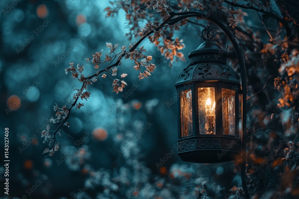 Poster illuminated lantern hanging from a tree branch at dusk.