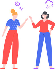 Two women arguing with raised hands, displaying anger and frustration through purple cartoon symbols, illustrating a conflict or disagreement