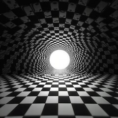 A tunnel like structure features a black and white checkerboard pattern on the floor and walls, leading to a bright light, creating an optical illusion.