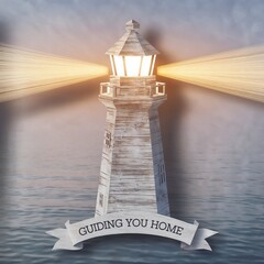 A stylized lighthouse stands over calm water, emitting warm light beams. A ribbon banner below reads 'GUIDING YOU HOME' against the evening sky.