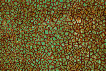 texture and background cracked on rusty iron green wall. damaged on the wall
