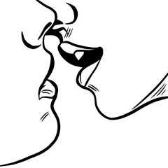 Kiss. Two persons kissing, face detail, pop art comic retro vector illustration, outline