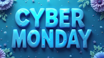 Cyber Monday Sale Banner with Flowers. Concept of online shopping, discount, and promotion.