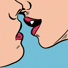 Kiss. Two persons kissing, face detail, pop art comic retro vector illustration
