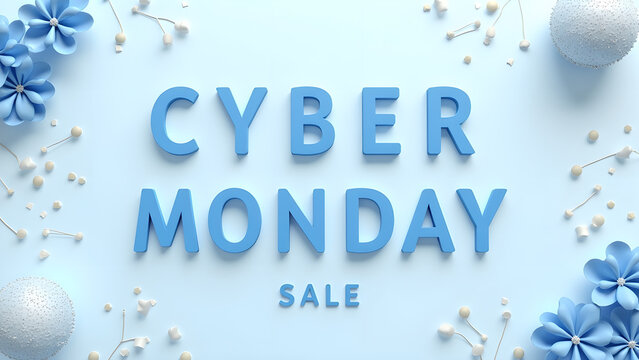 Cyber Monday Sale Banner with Flowers and Ornaments. Concept of Online Shopping and Discount.