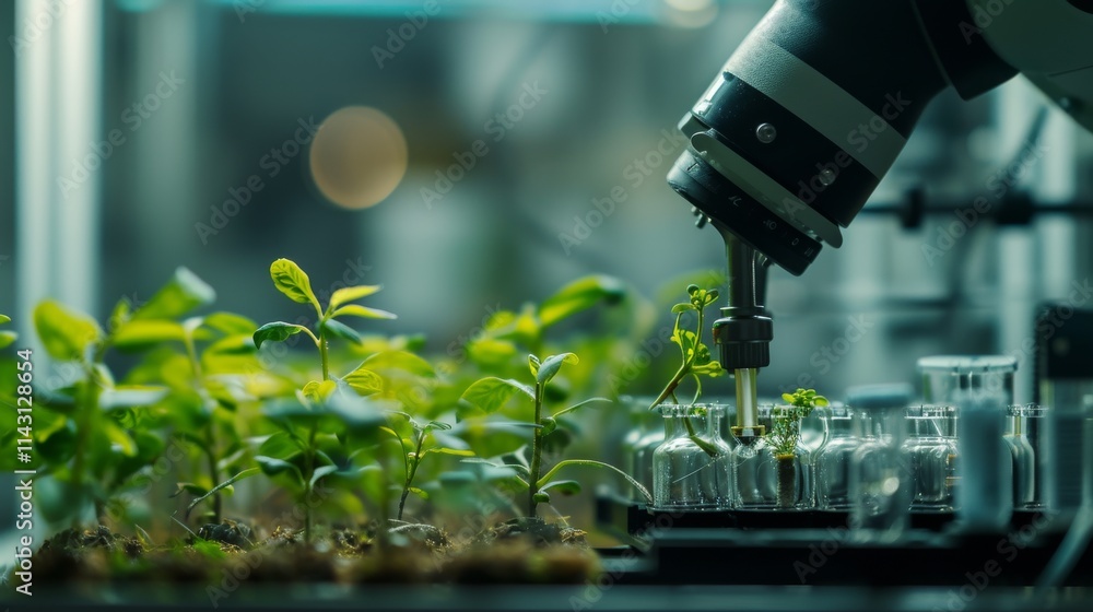 Poster a robotic arm meticulously handling plants in a controlled laboratory setting, symbolizing precision
