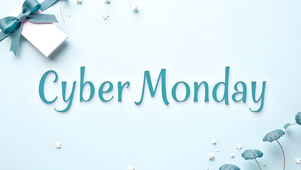 Cyber Monday Sale Background with Gift Tag and Ribbon. Concept of Online Shopping and E commerce.