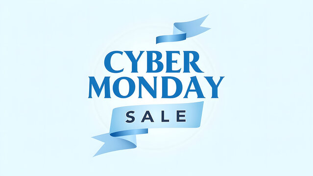 Cyber Monday Sale Banner with Blue Ribbon. Concept of Online Shopping and E commerce.