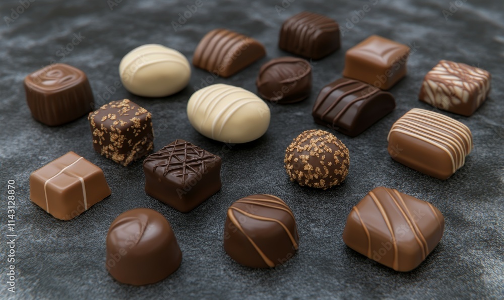 Poster assorted pralines in various shapes and textures, styled elegantly on a dark chocolate-colored surfa