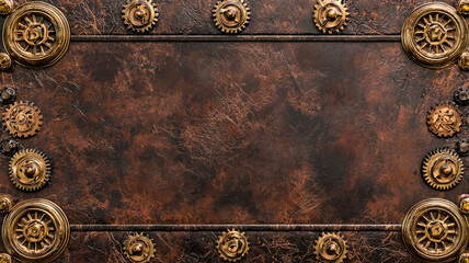 Fototapeta premium A steampunk-inspired texture featuring intricate gears and cogs with brass accents set over a worn leather surface, creating a thematic and detailed design.