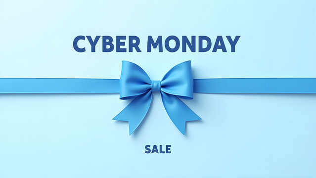 Cyber Monday Sale Banner with Blue Ribbon Bow. Concept of Online Shopping and E commerce.