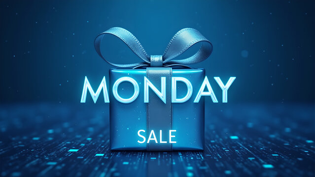 Cyber Monday Sale Promotional Concept with Gift Box and Neon Text on Blue Background.