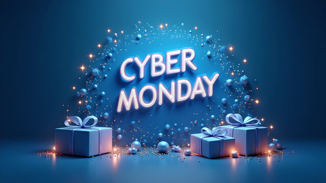 Cyber Monday Sale Banner with Gift Boxes and Neon Lights. Concept of Online Shopping and Discount.