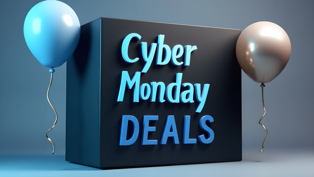 Cyber Monday Deals Sign with Balloons. Concept of Online Shopping and Discount.