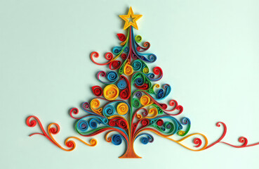 Obraz premium Colorful handmade paper quilling Christmas tree artwork. Festive holiday season theme. Bright colors like red green blue yellow. Creative paper strip craft. Unique design. Perfect for Christmas