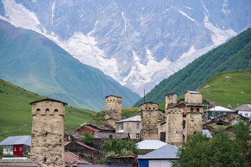 Remote and picturesque highland village of Ushguli with medieval watchtowers in Svaneti region of...