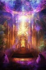 Obraz premium Luminous throne room, vibrant colors, ethereal figures.
