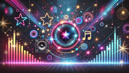 Obraz premium Create party-themed background with glowing neon shapes, dynamic light beams, and sparkling stars on dark backdrop using Generative AI