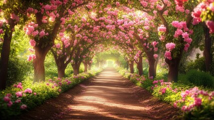 Naklejka premium Sunlit path under blooming pink flower trees.