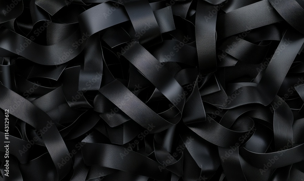 Poster black 3d ribbons arranged to create a dark abstract background. with copy-space.