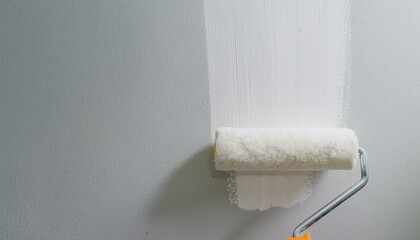 Obraz premium Roller applying paint to wall, scene of smooth rolling on wall