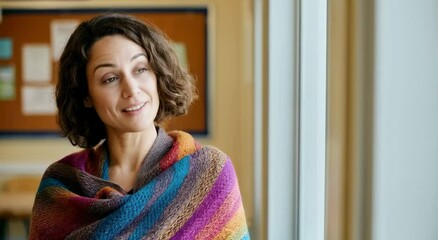 Caucasian woman with curly hair in colorful shawl gazing through window