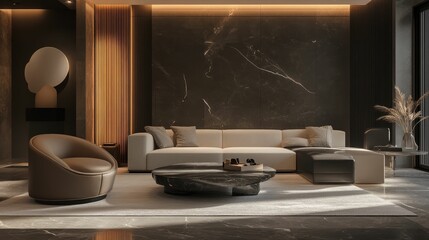Modern living room: neutral tones, marble, sectional sofa.