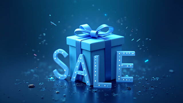 Blue gift box with sale text. Concept of discount, promotion, and shopping.