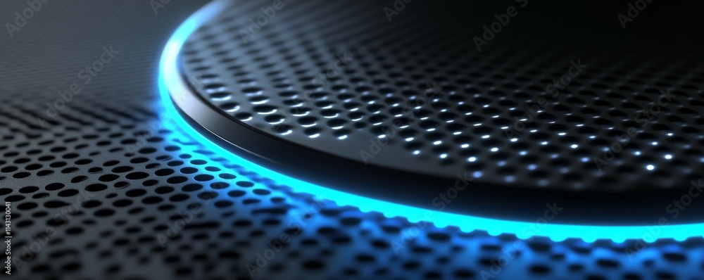 Aufkleber black surface with embossed shape and blue illuminated trim. tech background with neon circle. .