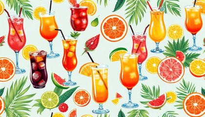 Colorful tropical cocktails, fruits seamless pattern. Variety of drinks like margaritas, daiquiris. Refreshing, vibrant illustration features exotic fruits, refreshing cocktails. Perfect for summer