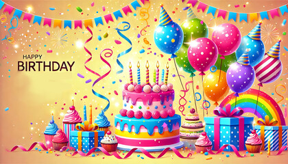 Illustrate cheerful birthday party background with vibrant cake, colorful balloons, and confetti streams on bright, joyful backdrop using Generative AI
