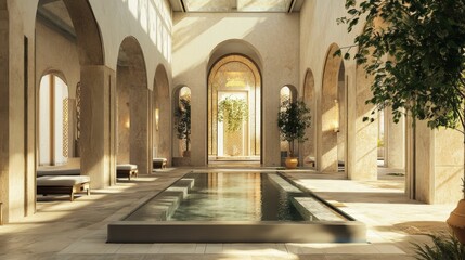 Obraz premium Sunlit interior courtyard, pool, arched architecture, plants.