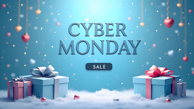 Cyber Monday Sale Banner with Gift Boxes and Snow. Concept of Online Shopping and Discount.