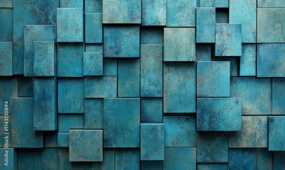 Poster blue patina, textured mosaic tiles arranged in the shape of a wall. rectangular, blocks stacked to c