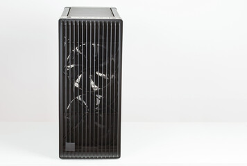 Front view of empty  big tower, PC case, chassis, 15.5 mm front panel grille with 45% porosity, two extra-thick 200 x 38 mm front fans for maximum air intake